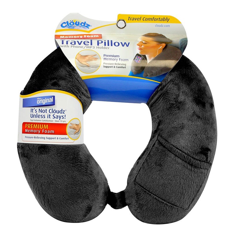 Cloudz Memory Foam Travel Neck Pillow with Snap & Pocket - Black - Image 1